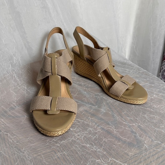 Lucky Brand Cork Wedge Heel Espadrilles Sandals T-strap Stretch Slingback 9.5 - Picture 4 of 17